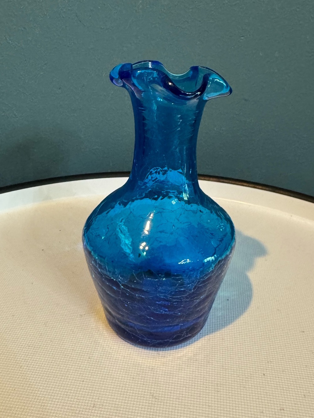 Vintage Aqua Blue Crackle Glass Vase Ruffled Top 5"